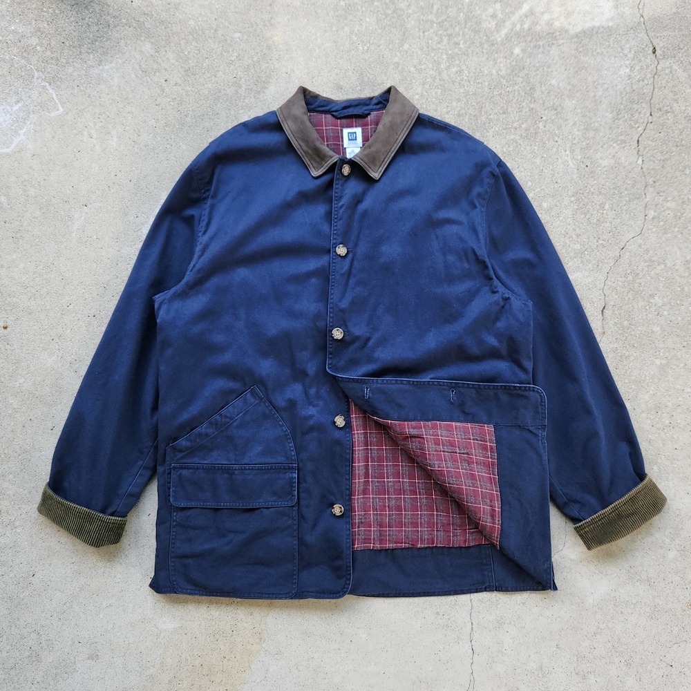 Vintage GAP Chore Jacket Size XL Navy Blue Red Plaid Flannel Lining 90s